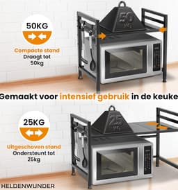 Magnetronrek (2 standen) – zwart – hoge stabiliteit met antislip en rubberen voetjes – in hoogte en lengte verstelbaar magnetronrek van 40–64 cm – inclusief gereedschap, handleiding en 8 haken — thumbnail 3