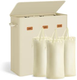 Wasmand met 3 Vakken - 160L - Wassorteerder met Deksel - Uitneembare & Wasbare Binnenzak - Met Labels voor Gemakkelijk Sorteren - Wit — thumbnail 1