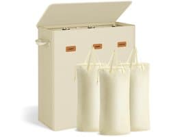 Wasmand met 3 Vakken - 160L - Wassorteerder met Deksel - Uitneembare & Wasbare Binnenzak - Met Labels voor Gemakkelijk Sorteren - Wit