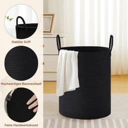 Wasmand - Opbergmand - 58L Rond - Gevlochten Katoen met Handvatten - Voor Wasgoed, Speelgoed en Dekens - Kinderkamer en Woonkamer - Zwart — thumbnail 5