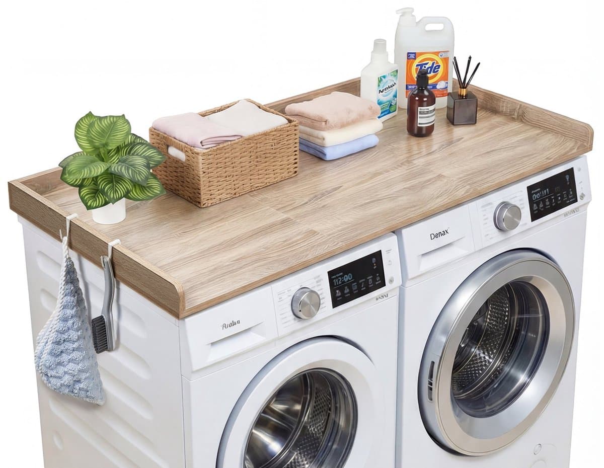 Werkblad voor wasmachine en droger - Afdekblad - Met Opstaande Rand - Afmeting 137 x 69,9 cm - Met Haken - Draagvermogen 113 kg - Eikenlook — afbeelding 1