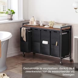 Aurixi® Wassorteerder 4 vakken - Wasmand 4 vakken 4x 39 Liter - Wasmand Met Opbergplank - Wassorteerder - Dubbele wasmand - Duo Wasmand – Wasmanden - Zwart - 111cm x 33cm x 75 cm — thumbnail 2