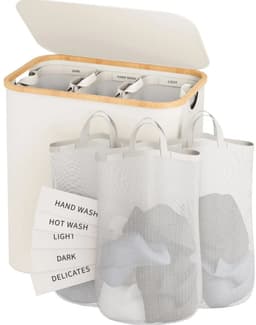 Deliqa-wasmand-160 Liter-zwart-3 vakken-wasbare binnenzak-hoge wasmand met deksel-opvouwbare wassorteerder-zwarte wasmand — thumbnail 1