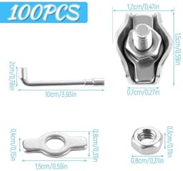 100 stuks kabelklemmen van roestvrij staal voor 2 mm draadkabel met moersleutel - kabelbevestiging voor staalkabel, waslijn, luifel — thumbnail 2