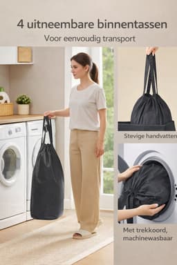 Ohana DT - Wasmand 4 Vakken - Wassorteerder - 210 Liter - 84x33 x75 CM - Oxford Stof - Afneembare Binnentassen - Zwart — thumbnail 4