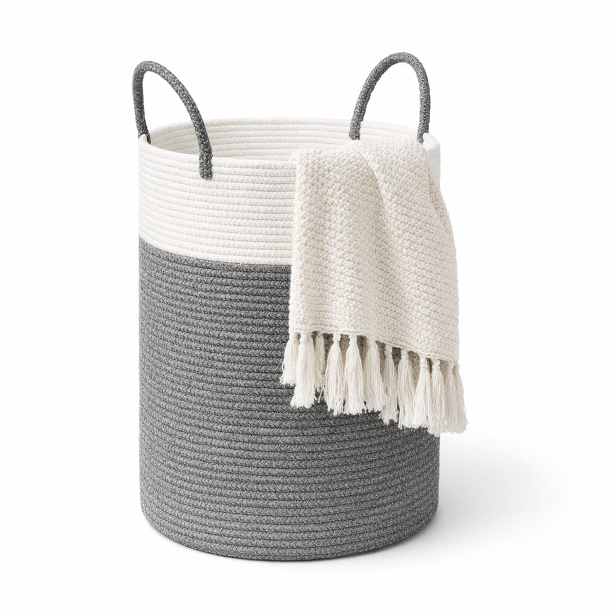 Wasmand van gevlochten katoenen touw met handgrepen, grote opbergmand voor speelgoed in de kinderkamer, dekens in de woonkamer, D 35 x H 50 cm, wit en grijs — afbeelding 1