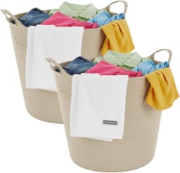 Excellent houseware flexibele wasmand - 2x - beige - 27 liter - kunststof - 42 x 40 x 35 cm — thumbnail 1