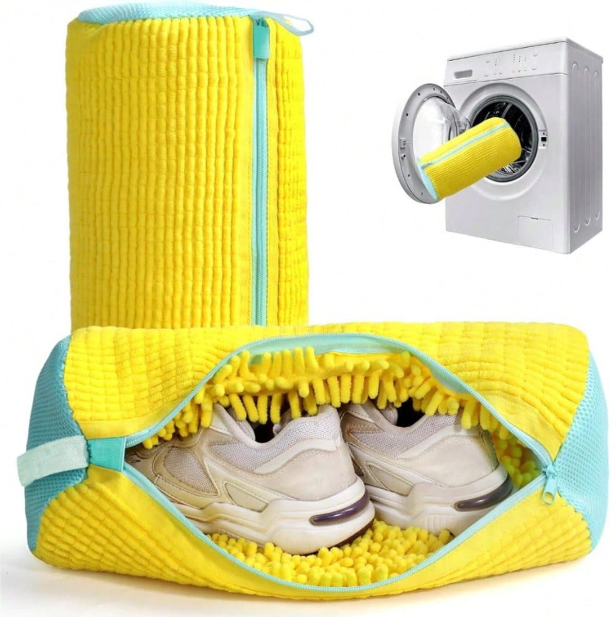 S&E 2-pack Wasmachine Schoenenzakken – Gevoerd met Zacht Fleece – Geel met Blauwe Rits — afbeelding 1