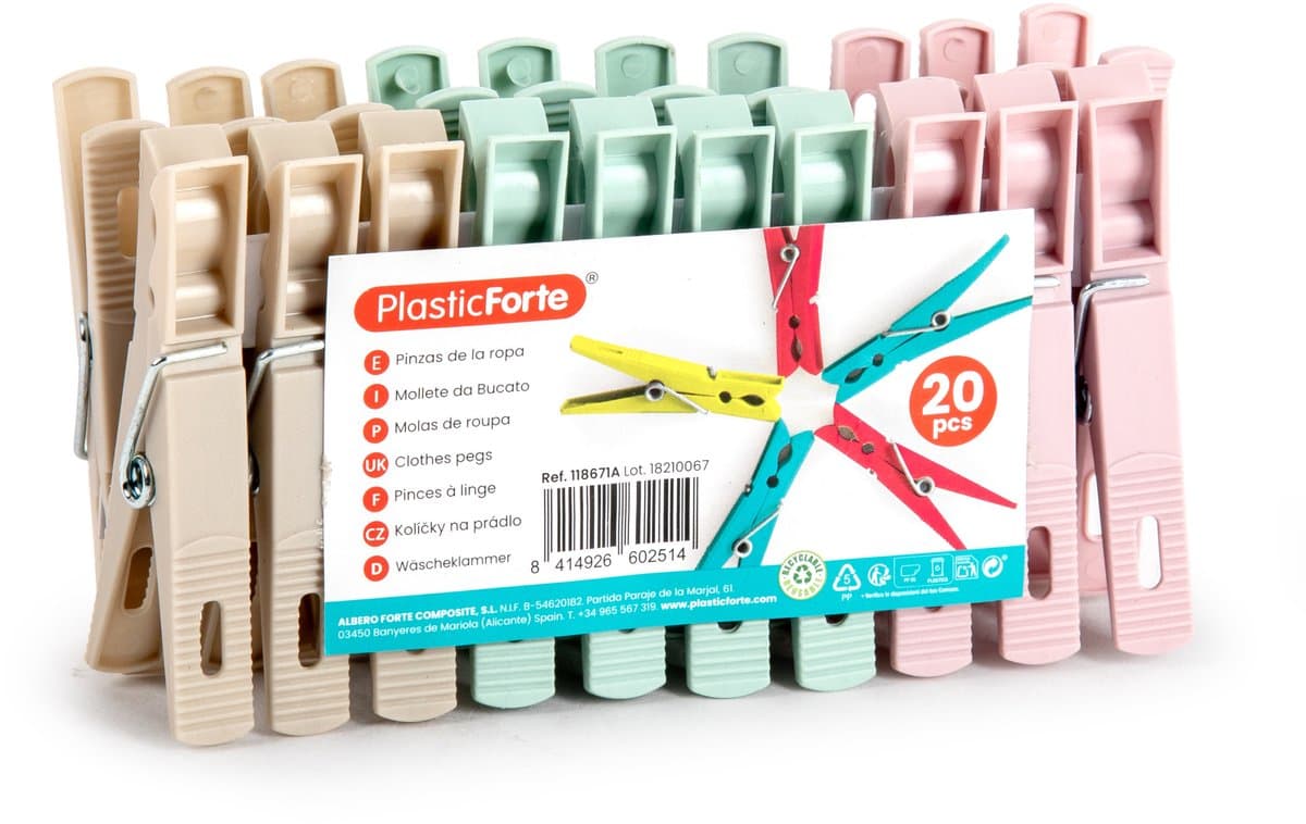 Plasticforte Wasknijpers pakket van 100x stuks - plastic - met ophangmandje aan haak 7 cm - was ophangen - multi kleuren mix — afbeelding 1