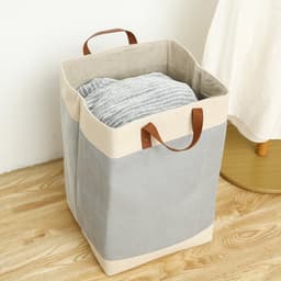 NOVARTA, Opvouwbare wasmand van jute stof met lederen handvat, opbergmand, Laundry basket - Wasbox — thumbnail 1