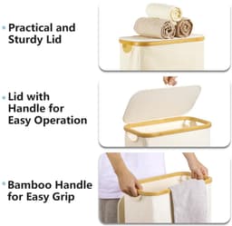 ROSOS Wasmand met deksel, 65L opvouwbare smalle wasmand met uitneembare waszak, slanke wasmand beige, wasverzamelaar met deksel en bamboe handvat, smalle en hoge wasmand met deksel — thumbnail 4