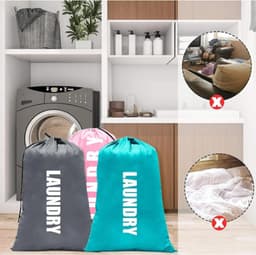 Allecto Plus - Set van 3 grote waszakken voor thuis en op reis - Opvouwbare opbergtas met trekkoordsluiting - Vuile kledingzakken - Roze, blauw en grijs - Ideaal voor vakantie en kamperen — thumbnail 5