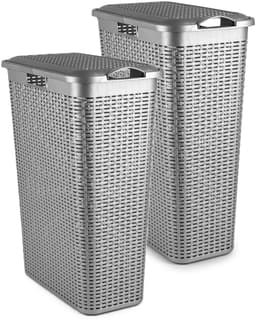 Plasticforte Smalle Wasmand met deksel Rotan - 2x - zilvergrijs - gevlochten kunststof - 48 liter - 27 x 46 x 60 cm — thumbnail 1