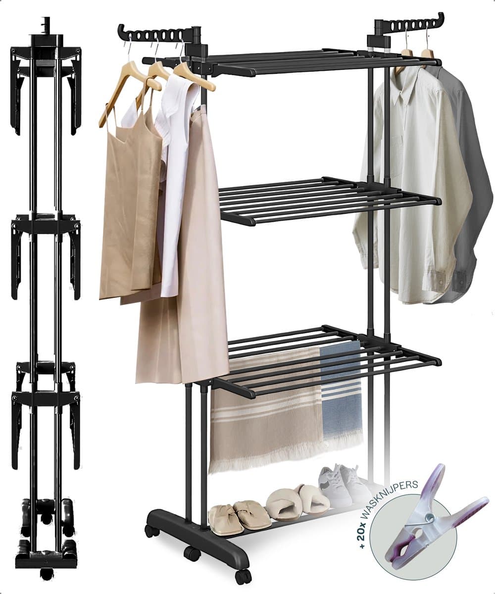 BAUER & MEYER® - Droogrek - Inklapbaar Wasrek - Incl. 20 wasknijpers - Droogtoren - Wastoren - 173 x 75 x 63 cm - Zwart — afbeelding 1