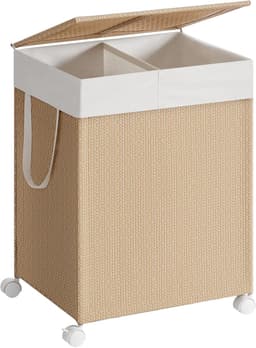 Furnstar HOME Wasmand met 2 vakken - Wasverzamelaar 100 l - Wassorteerder op wieltjes met deksel - Waszak met handgrepen - Rotan-look - Voor bijkeuken en badkamer - Beige/Wit — thumbnail 1