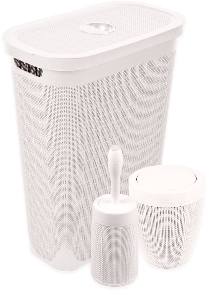 Set 'Hessian' - Wasmand 40 liter - Toiletborstel doseersysteem - Prullenbak swingdeksel - Crème — afbeelding 1