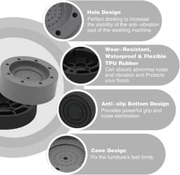 4 Stuks Wasmachinevoetjes - Universele antivibratiepads voor wasmachines - Trillingsdempers Wasmachine - Antislip rubberen pads - Wasmachine Voeten - Stabilisatorvoet - Geluidsdemper Wasmachine - Voor wasmachines, drogers en meubels — thumbnail 4