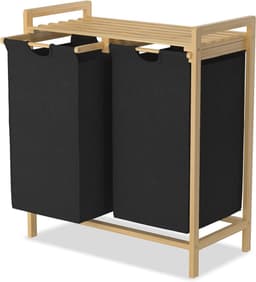 NAIZY Wasmand 2 compartimenten 36L wasbak wassorteerder met bamboe bovenplank en handgrepen wasbox waszak gemaakt van Oxford stof voor wasruimte badkamer, Zwart — thumbnail 1