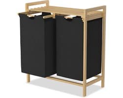 NAIZY Wasmand 2 compartimenten 36L wasbak wassorteerder met bamboe bovenplank en handgrepen wasbox waszak gemaakt van Oxford stof voor wasruimte badkamer, Zwart