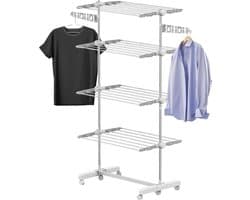 Droogrek - Wasrek - Wasdroogrek - Droogtoren - Waslijn uittrekbaar - Verrijdbaar - Inklapbaar - 4 niveaus - H172 cm — afbeelding 1
