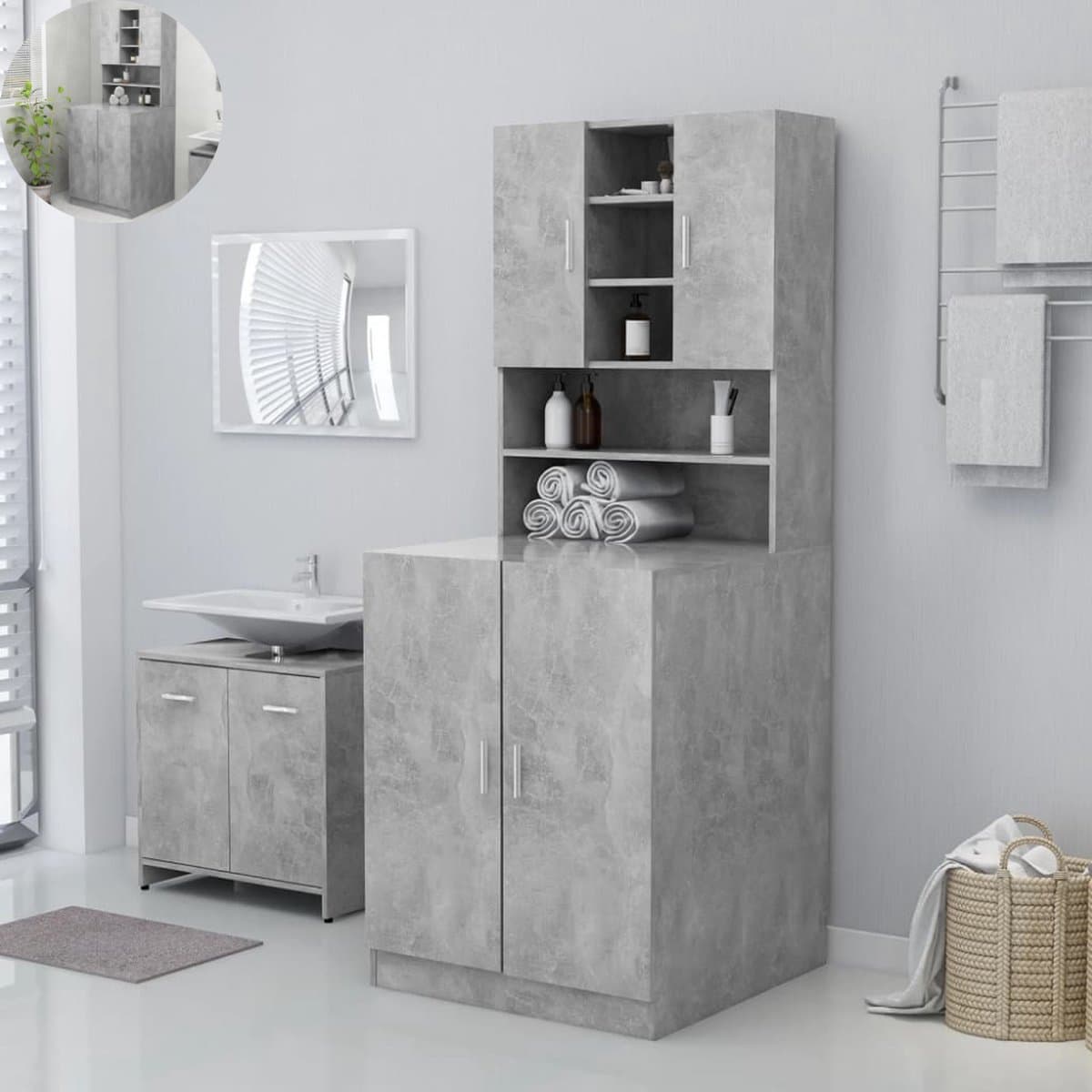 Wasmachine ombouw - Kast - Opbouwmeubel - Verhoger - Wasmachine meubel - Opbergkast - Hout - Betongrijs — afbeelding 1