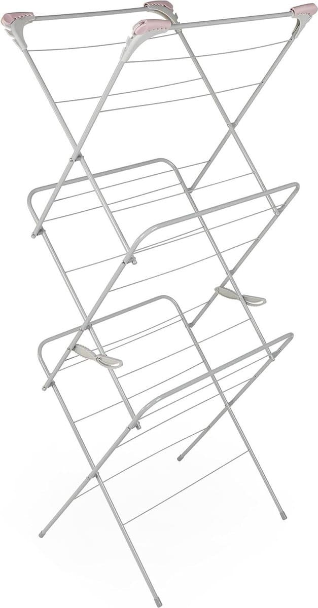 Three-Tier Clothes Airer Drying Rack - 15 Metre Drying Space - Four Side Wings - Ideal For Hangers - Pink/Grey - 64 x 45 x 138 cm - Indoor & Outdoor Drying — afbeelding 1