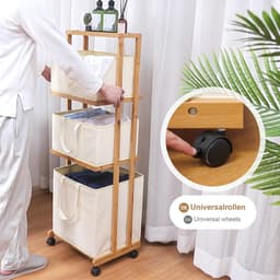 Bamboe Wasmand met Wieltjes - Wasverzamelaar en Badkamerrek - 4 Verdieningen en 3 Opbergmanden - 121x34x42cm - 50kg belastbaar — thumbnail 4