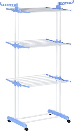 OKWISH Droogtoren Met Wielen En 4 Lagen 73 X 64 X 177 Cm Uitklapbaar Staal Blauw Voor Binnen En Buiten Met Dubbele Ophanghaken — thumbnail 5