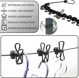 Draagbare waslijn - Reis waslijn - Kleding drogen - Met 12 klemmen - Tot 3.6 meter - Zwart — thumbnail 4