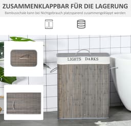 MEUNIQ wasmand 100L met 2 vakken, bamboe wassorteerder met deksel en handgrepen, uitneembare wasbare waszak, opvouwbaar, 52 x 32 x 63 cm, grijs — thumbnail 4