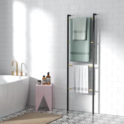 MEUNIQ handdoekladder droogrek 49 x 5,5 x 167,5 cm met 4 stangen, leunend wanddroogrek voor badkamer, slaapkamer of woonkamer, staal en bamboe, zwart — thumbnail 3