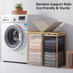 Wasmanden met deksel en 2 vakken, vuile wasbak, dubbele mand, opslag van wasgoed met 2 verwijderbare waszakken, 140 l, beige — thumbnail 2