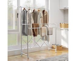 OKWISH Droogtoren – Verstelbare Stangen – 150 x 103 x 197 cm – Roestvrij Staal – Zilver – Opvouwbaar Voor Binnen En Buiten – Met Wielen