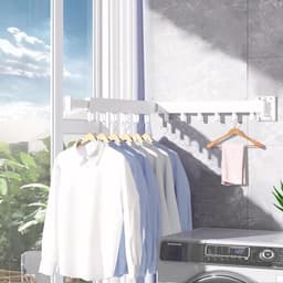 Droogrek Wandgemonteerd - Verlengbaar Vouwbaar Kledingrek 90 cm met 12 Hanghaken voor Balkon - Wasruimte - Badkamer - Slaapkamer - 2 Vouwbare Warmte - Wit — thumbnail 4