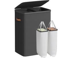 Conway Living® XXL Wasmand met Deksel en 2 Vakken - 170 Liter Sorteerwasmand met Labels - Uitneembare Waszakken - Inklapbaar - 56x40x75 cm - Zwart