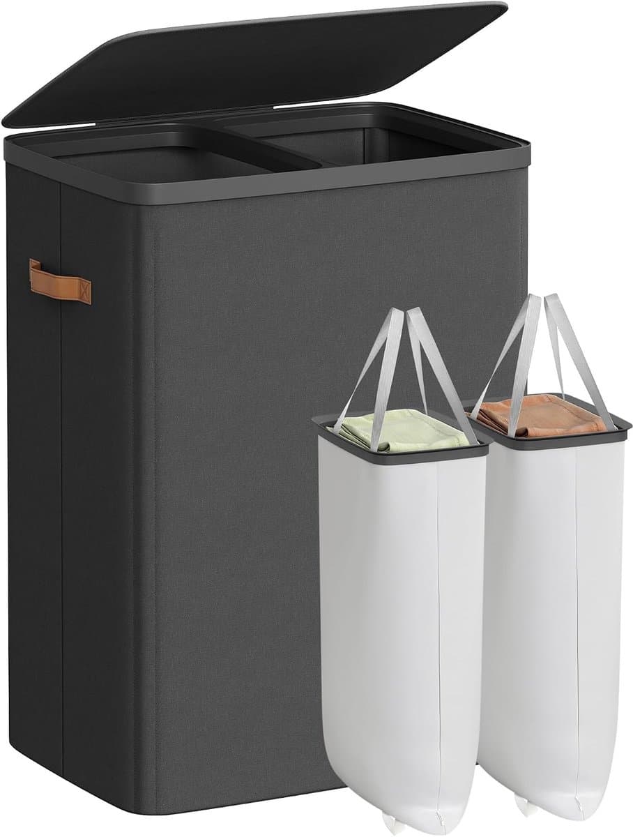 Conway Living® XXL Wasmand met Deksel en 2 Vakken - 170 Liter Sorteerwasmand met Labels - Uitneembare Waszakken - Inklapbaar - 56x40x75 cm - Zwart — afbeelding 1