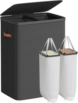 Conway Living® XXL Wasmand met Deksel en 2 Vakken - 170 Liter Sorteerwasmand met Labels - Uitneembare Waszakken - Inklapbaar - 56x40x75 cm - Zwart — thumbnail 1