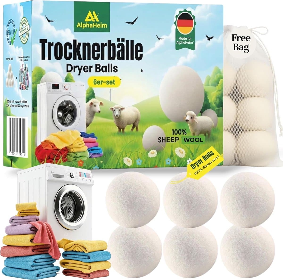 Thijox - XL Drogerballen Set van 6 - 100% Schapenwol - Diervriendelijk en Vrij van Schadelijke Stoffen - Efficiënt Drogen voor Donsjacks en Wasgoed — afbeelding 1