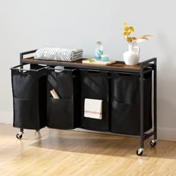 Home & Beyond® Wassorteerder met 4 Vakken en Bovenblad - Wasmand op Wielen met Uitneembare Waszakken - Zwart en Vintage Houtlook - 110,5 x 33 x 74,5 cm — thumbnail 3