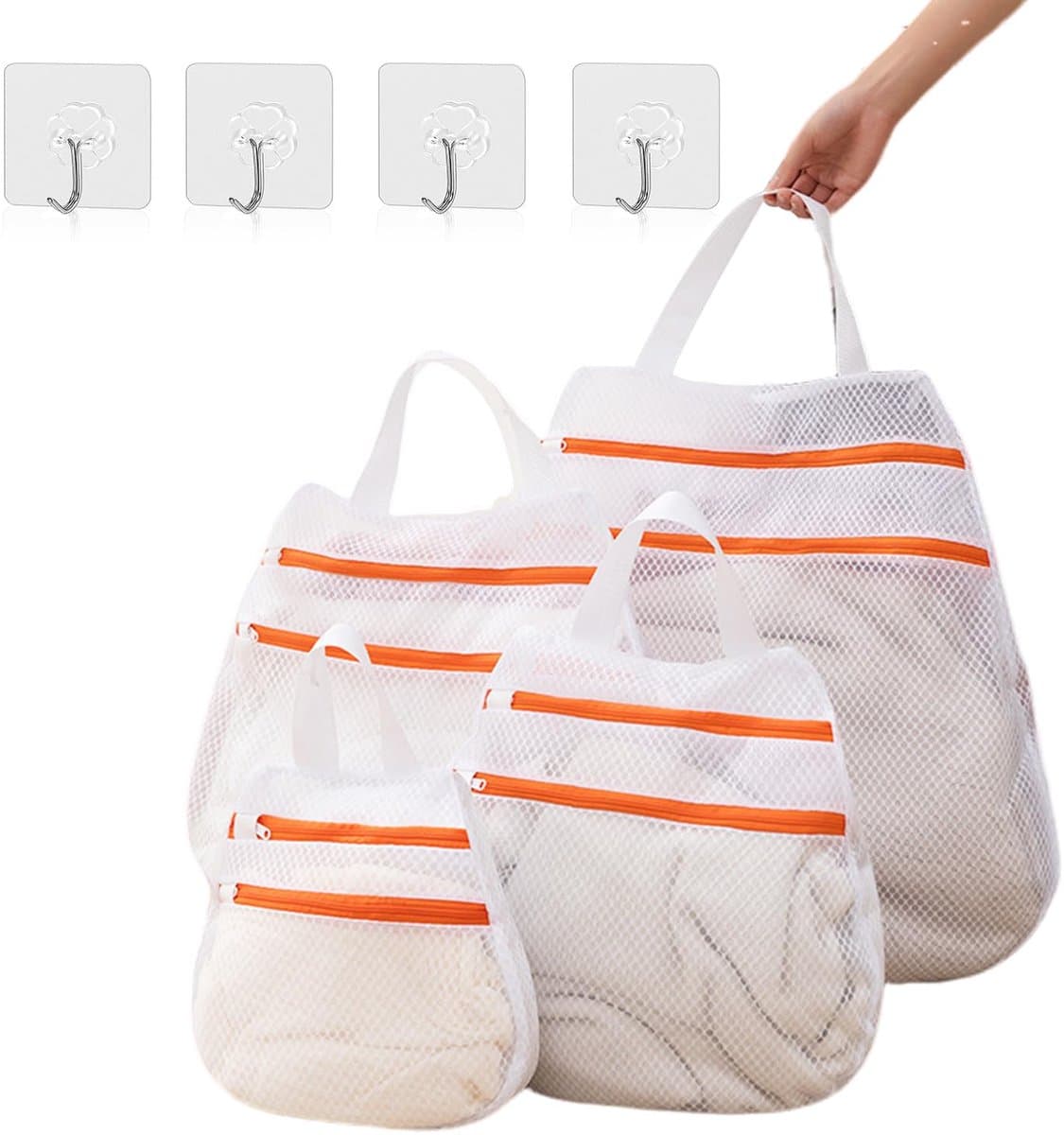 Wasnet, dubbellaags, waszak met ritssluiting en handgrepen, wasnet voor wasmachine met haken, 4 maten, voor ondergoed, slips, handdoeken — afbeelding 1