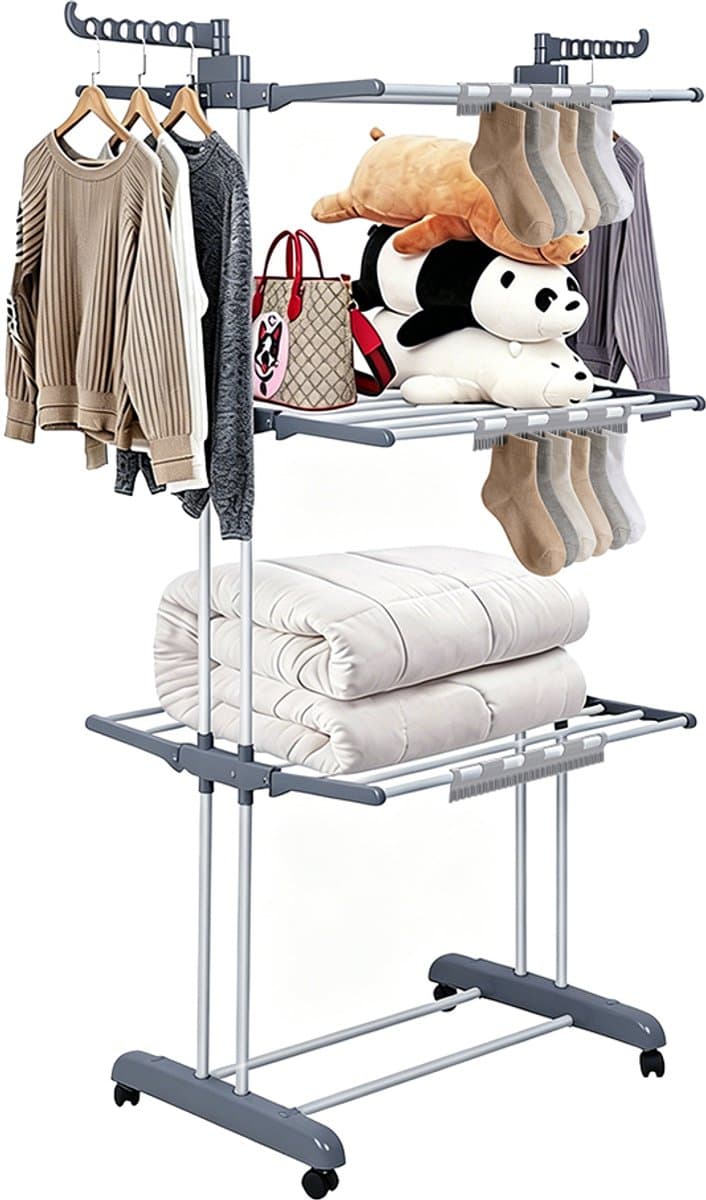 PIPIPOXER- Wasrek Inklapbaar-Droogrek-Staand Droogrek Inklapbaar-Met 3 sokkenclips-Wastoren-Ruimtebesparend Wasrek -75x49x170 CM-Ecologisch Was Drogen- grijs — afbeelding 1