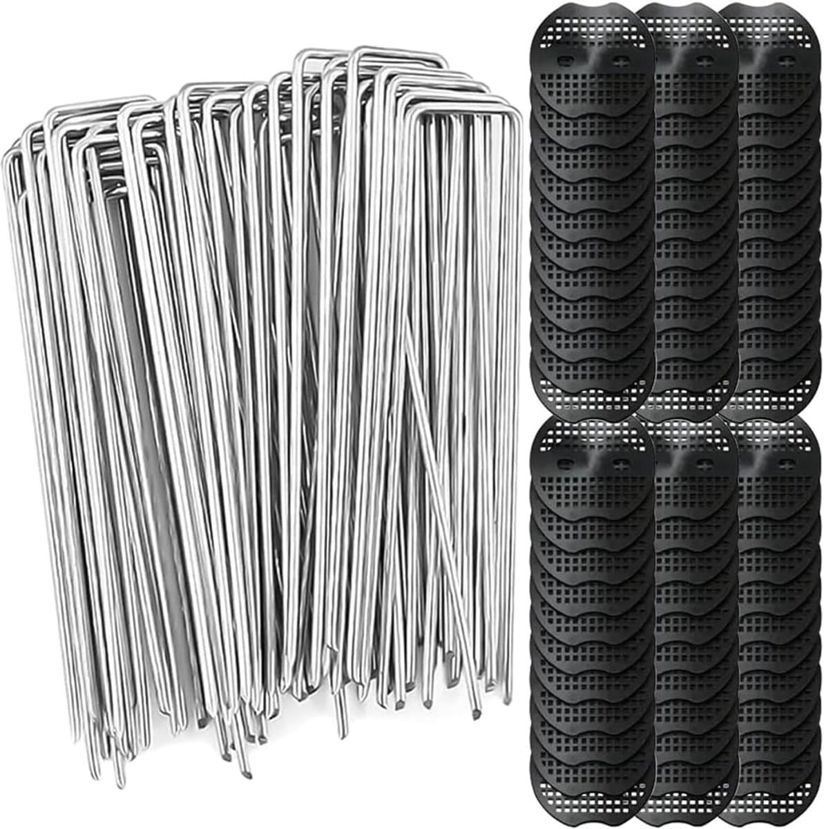SnelShoppen - Pack van 60 Grondankers voor Onkruiddoek, U-Pegs 150 x 40 mm + 60 Bufferdisc, Galvaniseerd Antiroest, Ideaal voor Tuin, Terras en Landsc — afbeelding 1