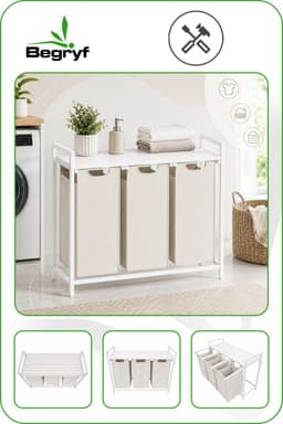 Begryf - Wasmand - metaal/stof- wit/beige - 3 vakken - 92,5 x 33 x 71 cm - 114l — thumbnail 4