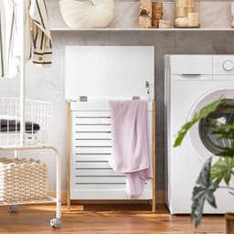 ITRONIQ Wasmand Met Deksel 90L - Bamboe Wasbox Met Uitneembare Waszak - Opbergmand Voor Wasgoed - Wit/Naturel 50x30x60 cm — thumbnail 2