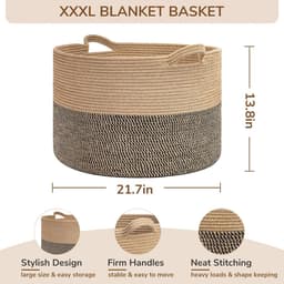 Extra grote geweven mand, 50 x 30 cm rieten dekenmand woonkamer hondenspeelgoedbak, wasmand voor vuile kleding, schoenmand voor entree, 90 l zwart en jute — thumbnail 4