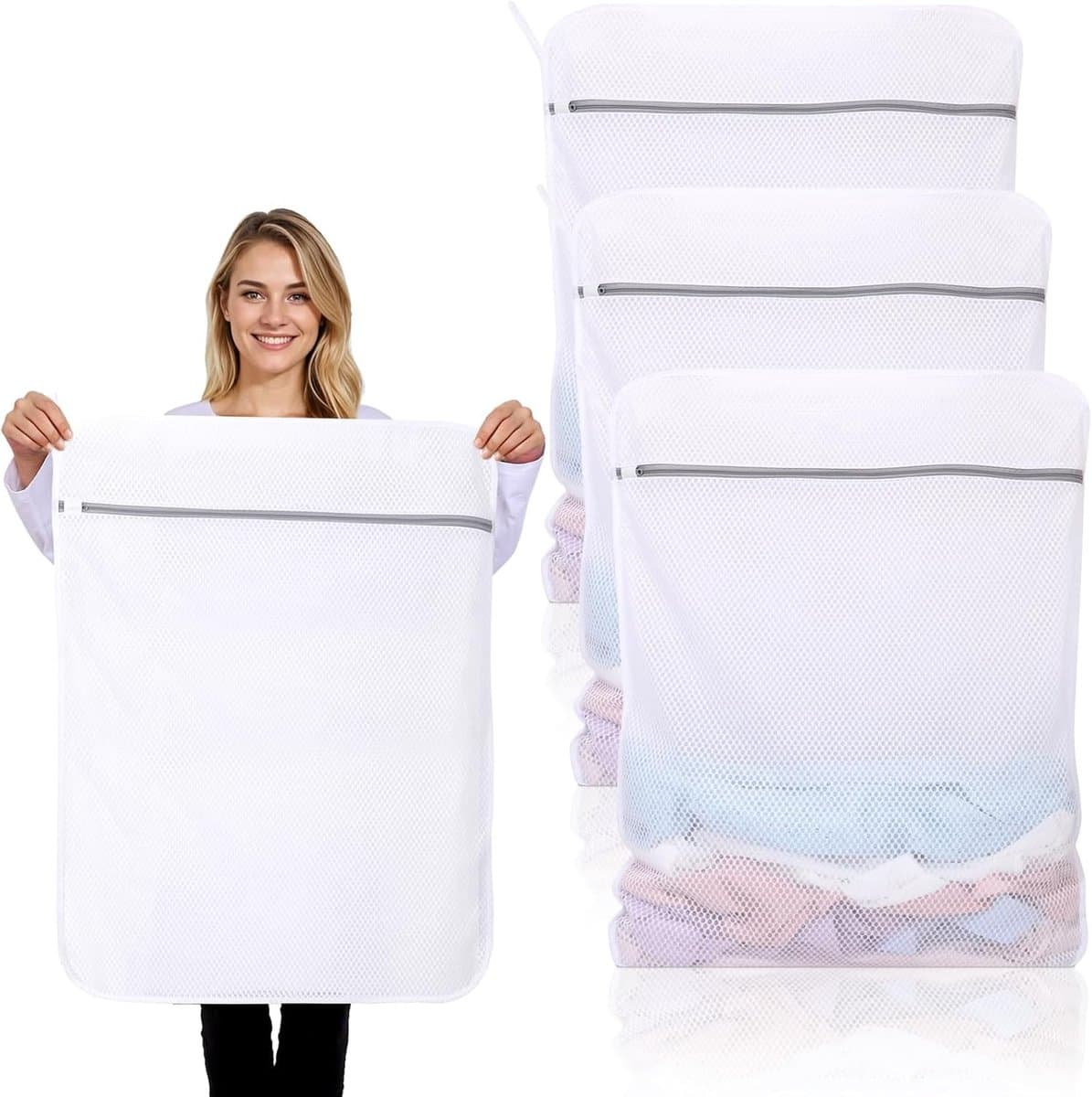 Duurzame Waszakken voor Delicate Kleding - 3 Stuks Grote Honingraat Mesh Met Rits, Herbruikbare Waszakken voor Wasmachine, Ideaal voor Ondergoed en Reisorganizer (60x81cm) — afbeelding 1