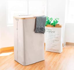SnelShoppen - LONBET Wasmand met Deksel 100L - Grote Stijlvolle Wasmand van Ademend Materiaal met Stevig Bamboe Frame - Inclusief Verwijderbare Waszak — thumbnail 2
