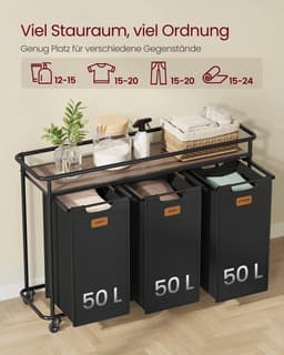 Gudalio Wasmand Kast - Wassorteerder - Opbergmand - 3 compartimenten - Uitschuifbaar met plank - 150 liter - Zwart-Bruin — thumbnail 2