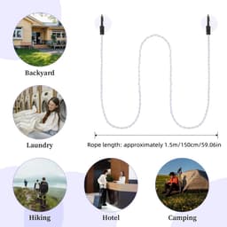 2-pack - Waslijn - Elastische reiswaslijn - Droogtouw - Elastisch ontwerp zonder clips - Inclusief zuignappen en haken - Draagbare waslijn voor thuis, kamperen, hotels en buiten - 1,5 m - Rekbaar tot 2,5 m - Wit — thumbnail 5