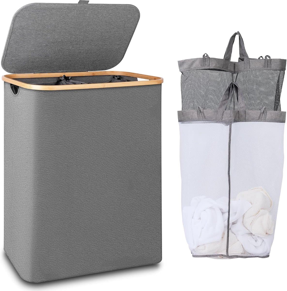 iEGrow Wasmand, 2 compartimenten, 150 liter, grote wasmand met uitneembare en wasbare binnenzakken, met deksel en handvat, voor slaapkamer, wasruimte, badkamer (grijs) — afbeelding 1
